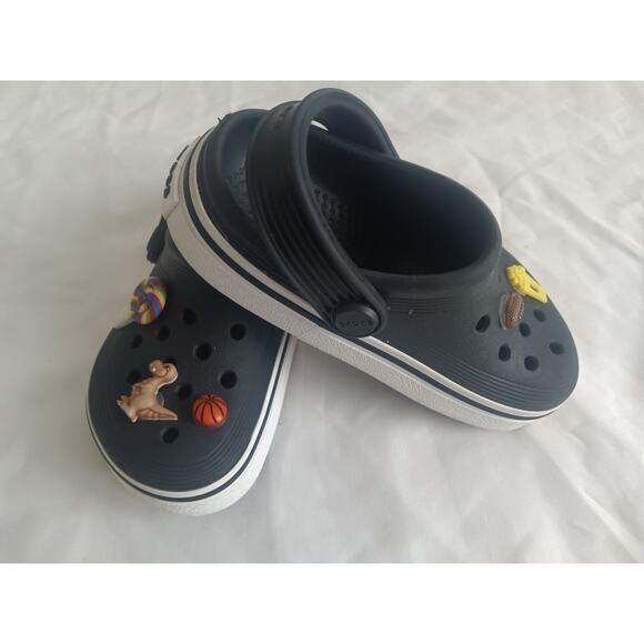 Toddler Size 8 Crocs Black Clogs with Jibbitz Charms – Dinosaur, Train, Sports - Picture 2 of 6